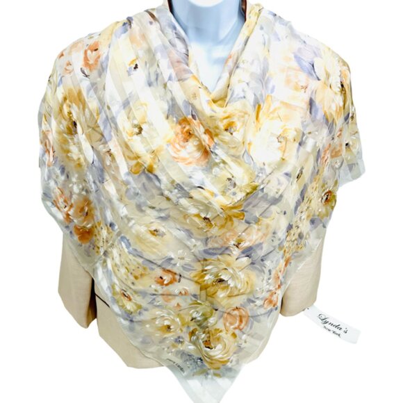 Solf Silk Chiffon Satin Pierre Cardin Paris Scarf 34" ivery  peach floral(59) - Picture 1 of 7